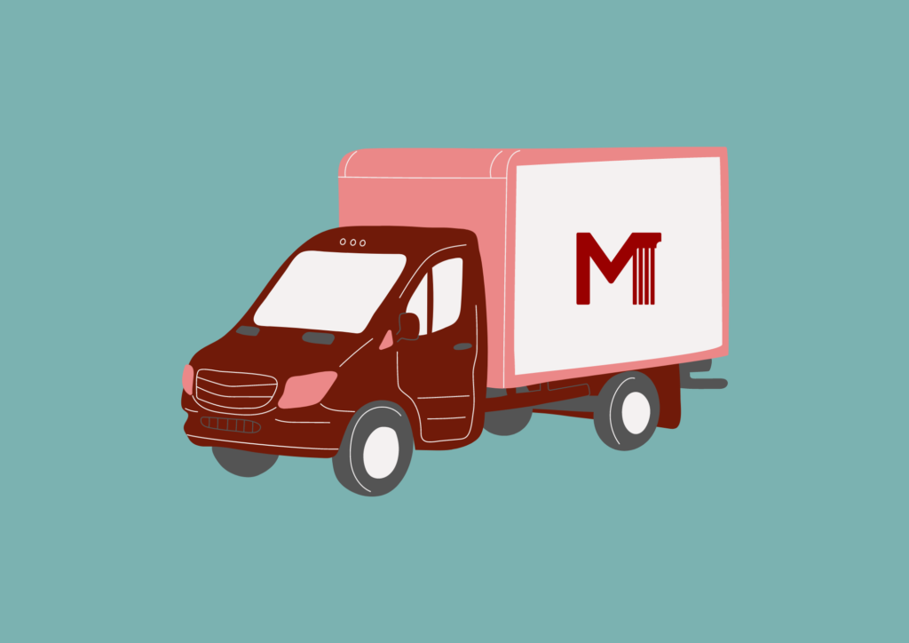 animoitu pakettiauto, jonka kyljessä on MALn M-logo
